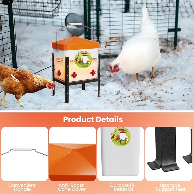 Nexum 2 Gallon Heated Chicken Waterer, Thermostatically Controlled Anti-Freeze Poultry Drinker with 4 Nipples & Adjustable Stand for Winter Coop Accessories (Orange)