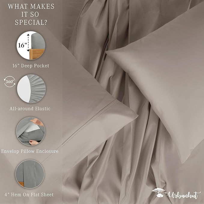 URBANHUT 1000 Thread Count Egyptian Cotton Sheets California King Size, Long Staple Soft & Breathable, 4 Pc Bed Sheet Sets, Luxury Hotel Sateen Sheets Fits 16" Deep Pocket - Dark Grey