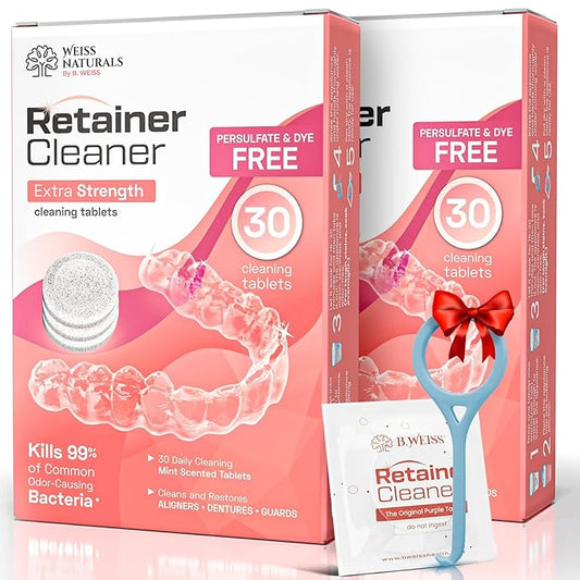 Weiss Naturals Retainer Cleaning Tablets, Invisalign Cleaner, Remove Stains, Odors & Plaque, Night Guard Cleaner PERSULFATE & DYE-FREE 2-Month Supply, Denture Cleaners, 60 Tablets