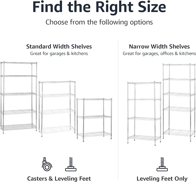 Amazon Basics 5-Shelf Adjustable, Heavy Duty Storage Shelving Unit on 4'' Wheel Casters, Metal Organizer Wire Rack, 30" L x 14" W x 64.8" H, Chrome