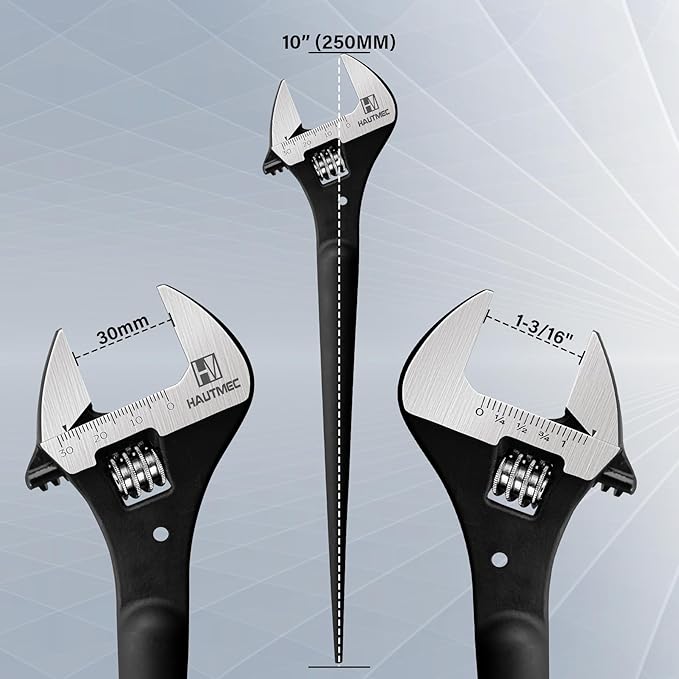 HAUTMEC 10inch Adjustable Spud Wrench, Wide Jaw Up to 1-3/16"(30mm), Adjustable Spud Wrenches with Tail Pry Bar Features, Black Oxide Finish, Forged CR-V Steel Metric & SAE Scales with Tether Hole
