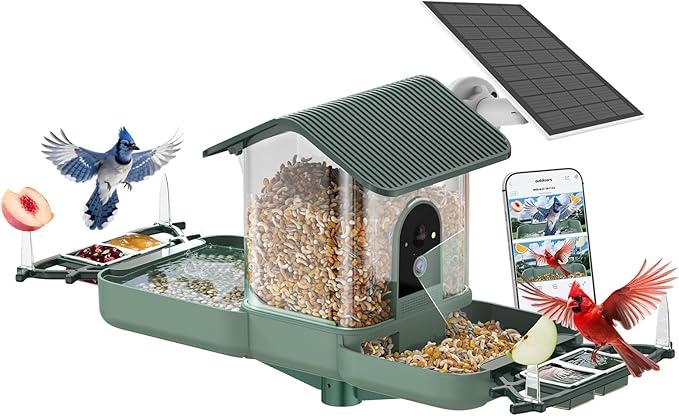 Dual-Lens Bird Feeder with Camera & Bird Bath Combo, Watch Birds Eat & Bathe with WiFi 2K HD Video, Auto Record, AI Recognition, APP Alerts, Solar Powered, for Backyard Garden Porch Fence Decor