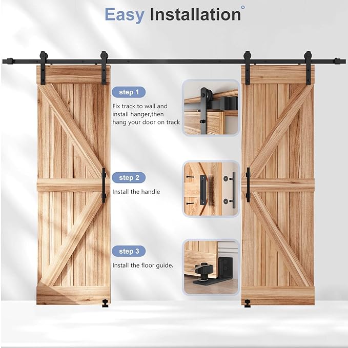 EaseLife 10 FT Double Sliding Barn Door Track and Handle Hardware Kit,Straight Pulley,Slide Smoothly Quietly,Easy Install (10FT Track Kit for 27"~30" Wide Double Door)