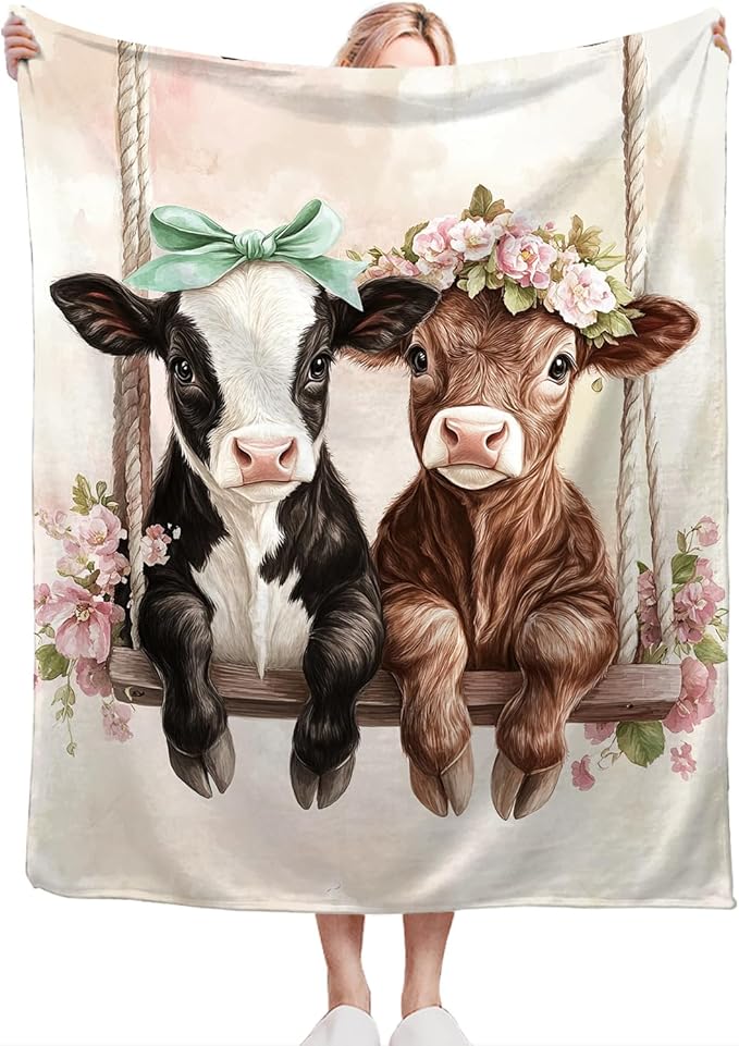 Cute Ultra Soft Cozy Swing Blanket - Fleece Fuzzy Plush Cattle Cow Lovers Decor Gifts for Women Girls Adults - 50"x40"