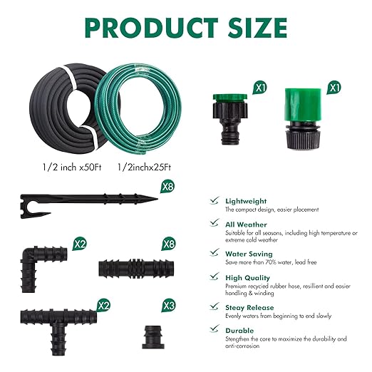 Soaker Hose System 1/2 Inch x 50ft Soaker Hose Kit with 25ft PVC Garden Hose Drip Irrigation Watering Tubing System with Reinforced Fittings Water for Outdoor Garden Yard Lawn Raised Flower Bed Plant
