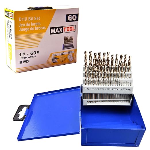 MaxTool Twist Drill Bit Set 60PCs High Speed Steel M2 Jobber Length Fully Ground for Metal Stainless Steel Plastic etc Number 1-60; JBS02G10R60