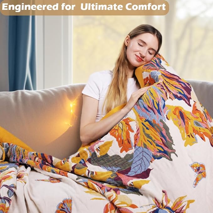 Boho Throw Blanket, 100% Organic Cotton Ultra Soft Bed 50" x 60" Throw - Christmas Blanket Skin-Friendly All Season Rustic Floral Decor Blanket for Sofa Couch Chair Tas -Beige