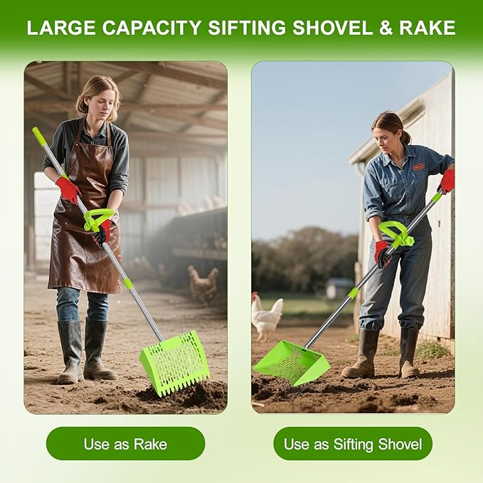 Poultry Waste Cleanup Tool, 2-in-1 Poop Scooper & Rake, 10-Inch Wide Sifting Shovel with Adjustable Stainless Steel Handle & Comfort Grip, for Chicken Coops, Barns, Pet Kennels & Sand (Green)