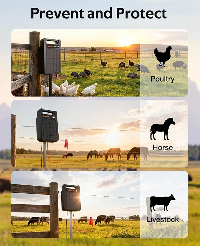 10 Miles Solar Electric Fence Charger: 0.20J Portable Energizer with Rechargeable Solar Panel for Livestock, Predator Protection, Solar Fence Charger with Day or Night Mode, Easy Installation