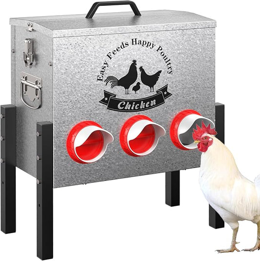 7gal Large Automatic Chicken Feeder - 35LB Capacity 6 Port No Waste Poultry Feeder, Rust-Proof Alloy Steel with Locking Lid & Adjustable Legs for Chickens, Ducks, Geese, Poultry