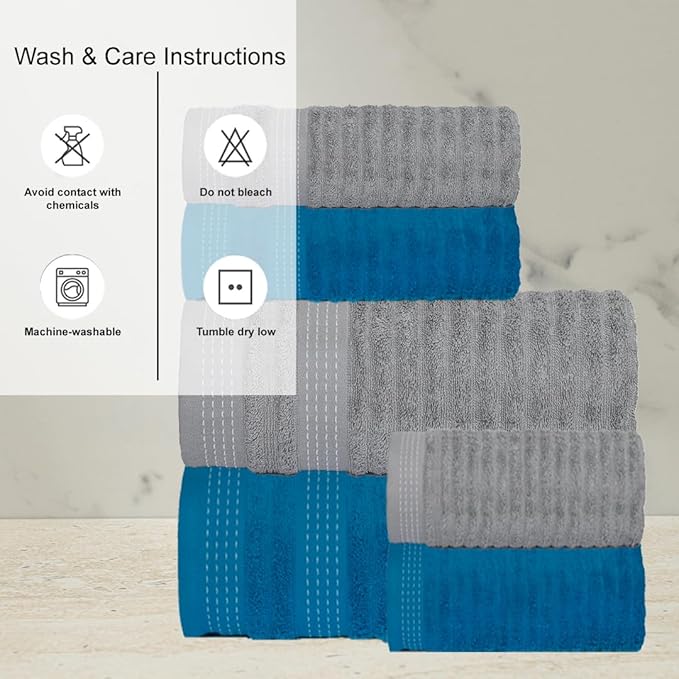 CASA COPENHAGEN Elegance Collection Towels 550 GSM 2 Bath Towel 2 Hand Towel 2 Washcloths, Super Soft Egyptian Cotton 6 Towels Set for Bathroom, Kitchen & Shower - Teal + Grey