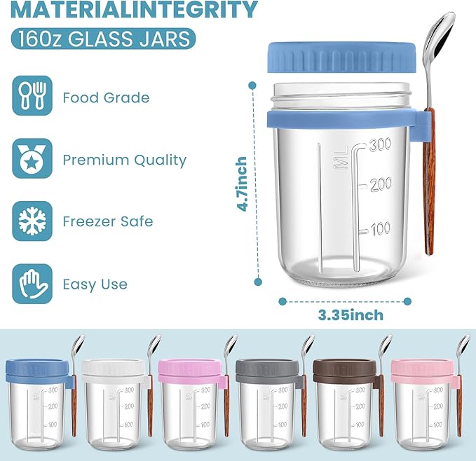 6 Pack Overnight Oats Containers with Lid and Spoons - 16oz Glass Mason Jars - Meal Prep Containers for Yogurt, Chia Pudding & Smoothies - Leakproof BPA-Free - Dishwasher