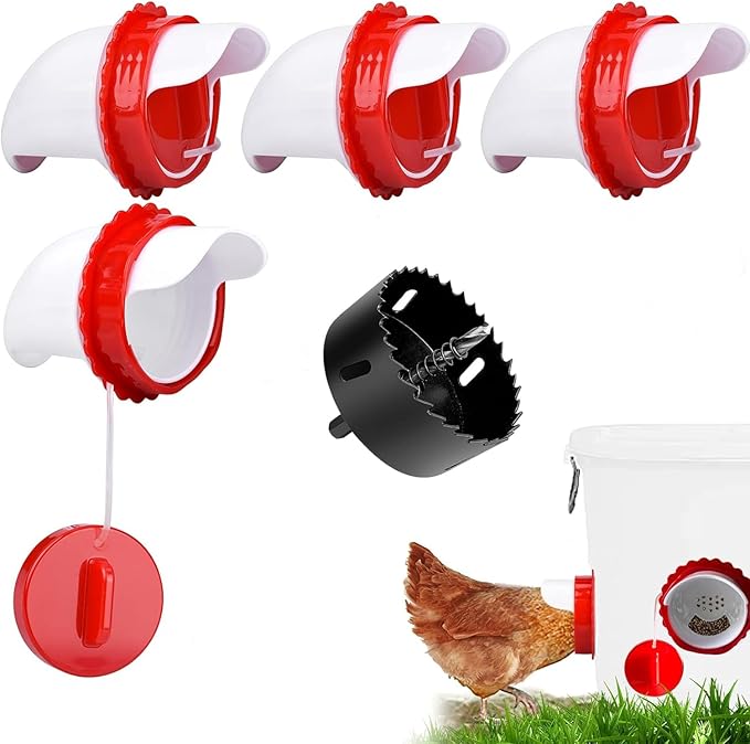 Chicken Feeder Port Kit –4 Pack Automatic Poultry Feeder Cups for Buckets & Bins, No Waste Rainproof DIY Chicken Feeders for Hens, Ducks & Other Poultry