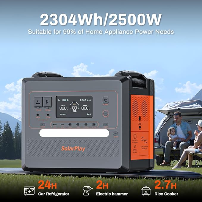 SolarPlay Portable Power Station 2500W(Peak 4800W), 2304Wh Solar Generator 1.5Hrs Fast Charging LiFePO4 Battery,4 AC Outlets Emergency Power Station for Home, Camping, Outdoor Battery Backup