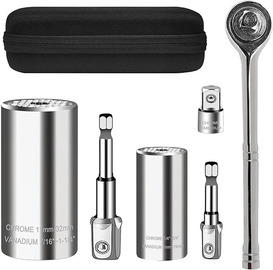 Universal Socket Wrench Set (11-32mm 7-19mm),super socket unscrew any bolt,Professional Sockets Tools with Power Drill & 3/8 inch Ratchet Wrench Adapter Chrome Vanadium Steel