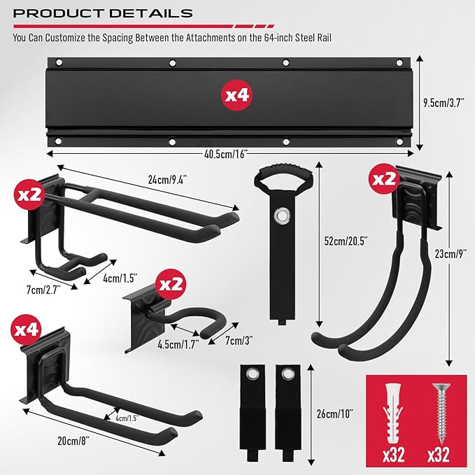SEDY 64" Heavy Duty Garage Storage Tool Organizer Wall Mount - Tool Rack with Adjustable Hooks, Anti-Rust, 300lbs Capacity - Easy Installation (4 Racks, 10 Hooks, 3 Straps)