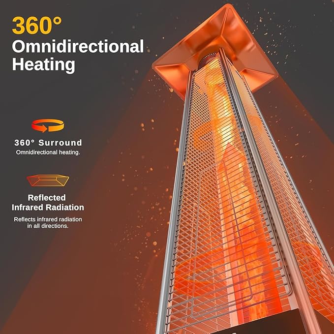 EAST OAK 48,000 BTU Pyramid Patio Heater, Quartz Glass Tube Propane Outdoor Heater with Wheels, Triple Safety Protection, 2025 Upgrade for Home, Backyard & Commercial Spaces, Stainless Steel
