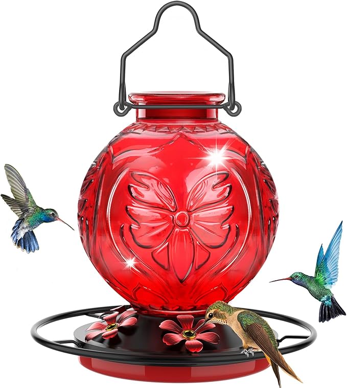 Glass Hummingbird Feeder for Outdoors Hanging, 25Oz Humming Bird Nectar Feeders with Perch & 5 Flower Feeding Ports, Leak Proof for Outside Garden Decor, Gifts for Women (Red)