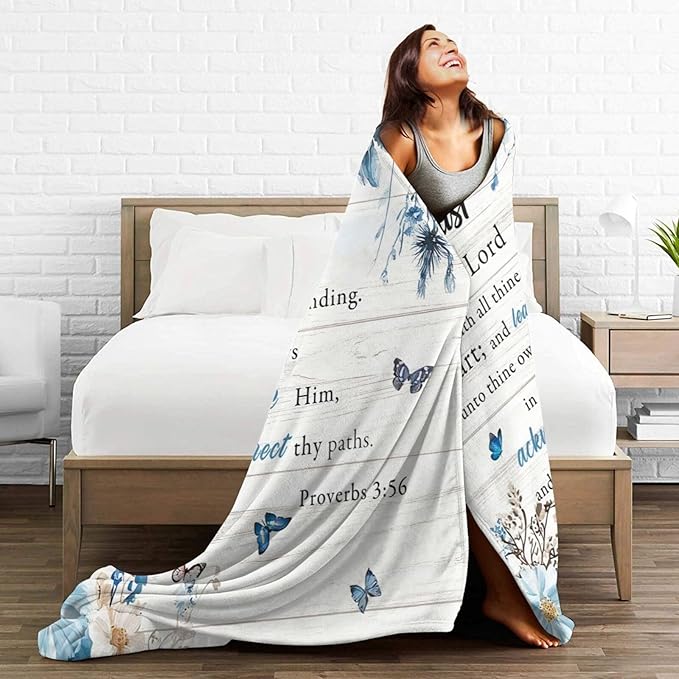 Christian Blanket Super Soft Warm Bible Verse Fleece Throw Blanket Cozy Fluffy Scriptures Trust in Lord Lightweight Flannel Gifts Blankets for Kids Adults 60"X50"