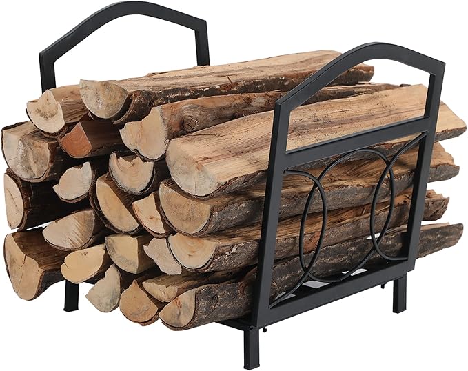 GREEN PARTY 17 Inch Small Firewood Rack Indoor/Outdoor Metal Firewood Holder, Decorative Fire Log Holder for Fireplace,Fire Pit,Heavy Duty Wood Rack,Wood Stove Accessories, 17" L X 13" W X 16" H