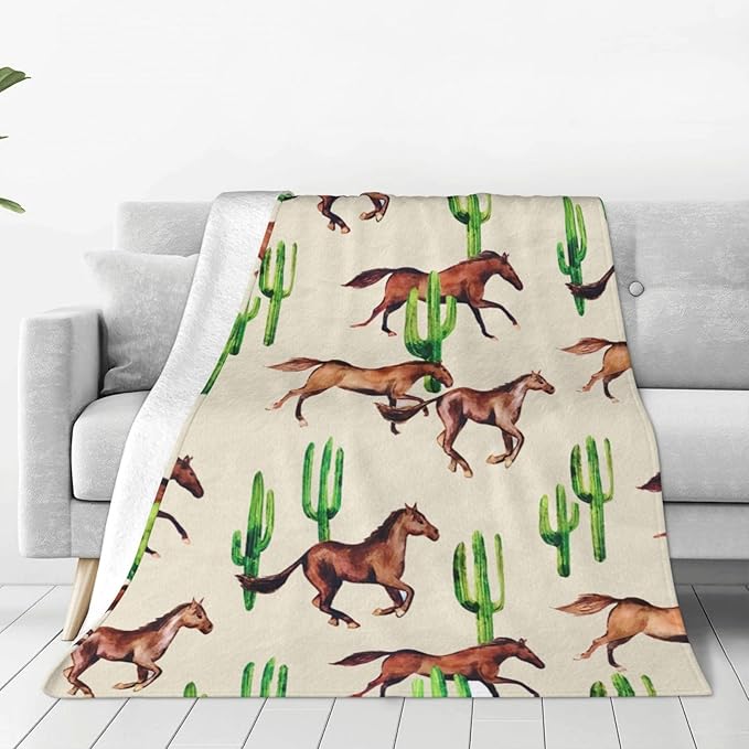 Horse Blanket Horses Throw Blanket Soft Fleece Flannel Bedding Horses Cactus Gifts for Men Boys Women Girls Lovers Adults Stuff Plush for Couch Sofa Bed Room Decor 40"X50"