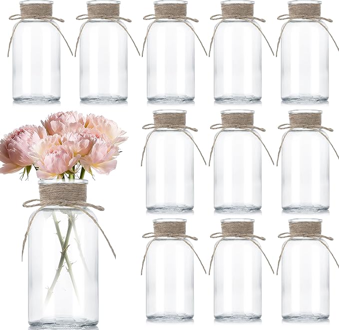12PCS Transparent Glass Flower Vases for Centerpieces Boho Cylinder Bud Vases in Bulk Mason Jars for Weddings, Parties & Vintage Home Decor(Transparent 12)