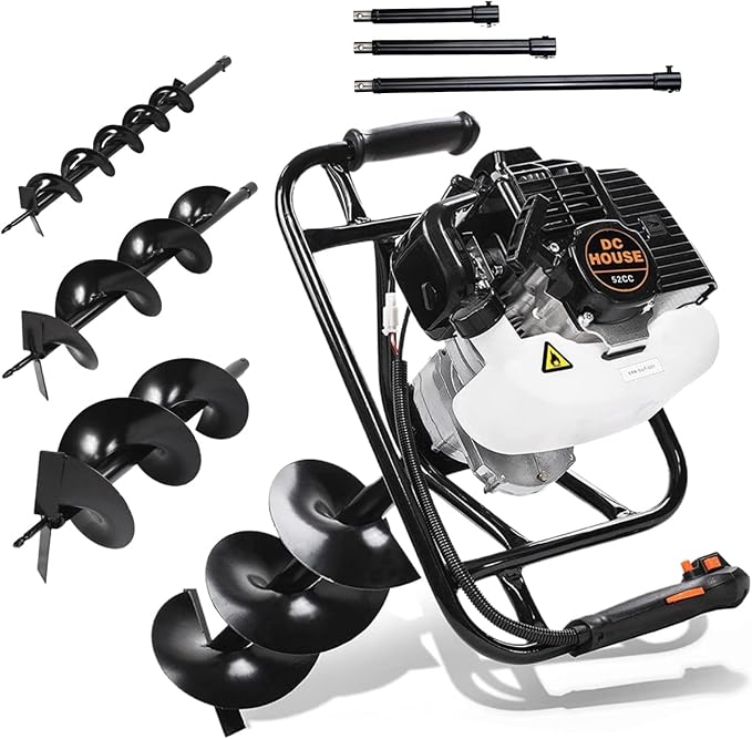 DC HOUSE 52cc 1800W Gas Powered Earth Auger EPA Certified Post Hole Digger, with 3 Drill Bits 6" 10" 12" and 3 Extension Rods 8" 12" 20", Mixing Ratio 30:1, for Fence, Farmland and Garden