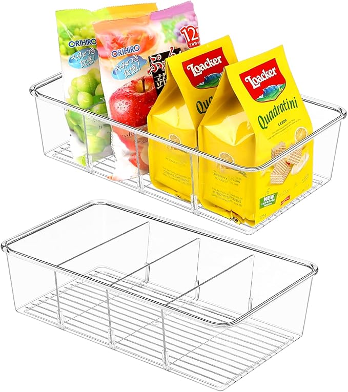 Snack Organizer for Pantry Shelf, 2 Pack Clear Plastic Pantry Storage Bins with 3 Dividers for Snacks, Spices, Chips Food Organizer, Stackable Pantry Organizers for Kitchen, Fridge, Cabinet
