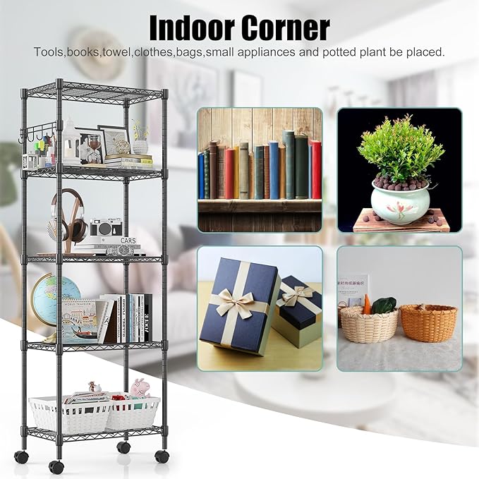 Himimi 5-Tier Wire Shelving Unit on Wheels, Adjustable Heavy Duty Metal Shelves with Side Hooks, Metal Organization Wire Rack for Kitchen Garage Basement, 13" L x 23" W x 72" H, Black