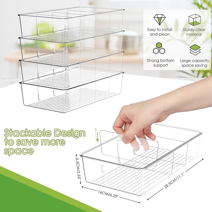 Snack Organizer for Pantry Shelf, 4 Pack Clear Plastic Pantry Storage Bins with 3 Dividers for Snacks, Spices, Chips Food Organizer, Stackable Pantry Organizers for Kitchen, Fridge, Cabinet