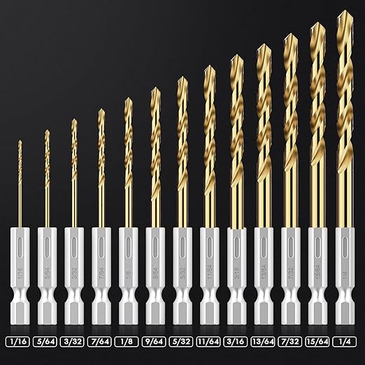 Hex Shank Drill Bit Set, 13Pcs HSS Titanium Twist Drill Bit for Sheet Metal, Wood, Plastic, Quick Change Design (1/16" - 1/4")