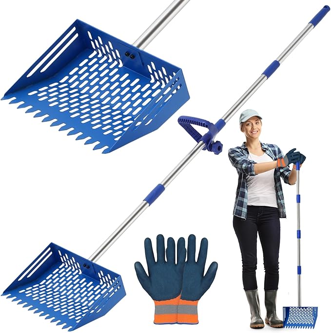 2 in 1 Chicken Poop Scooper & Rake, 10 Inch Sand Sifting Shovel with 35" to 62" Adjustable Stainless Steel Handle, Durable Litter Cleaner with Ergonomic Grip Gloves for Chicken Coop Farm Animal(Blue)