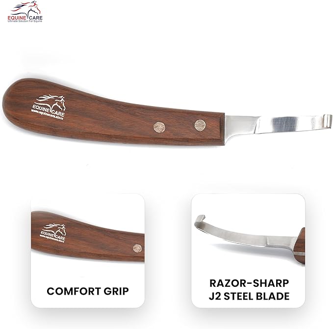 Equine Care Left-Handed Hoof Knife – Razor Sharp Short J2 Steel Blade, Professional Farrier Tool for Horse Hoof Trimming, Goats, Sheep & Livestock | Ergonomic, Rust-Resistant Wooden Handle.