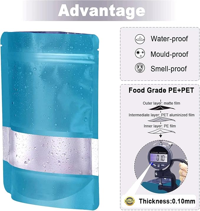 5.5"x7.8" 120pcs Mylar Bags for Food Storage,Smell Proof Bag with Matte Window Resealable Food Storage Bags for Small Business, Stand-up Foil Pouch Packaging Freeze Dried Candy Bag (Blue）