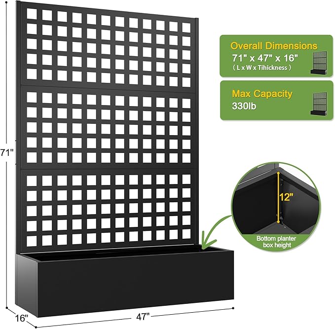 FENCY Metal Raised Garden Bed with Trellis, Metal Planter Box with Trellis, Garden Box for Climbing Plants Vegetable, 47''Lx16''Wx71''H Garden Bed with Drainage Holes(Black)