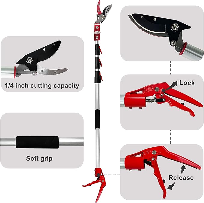 5.4-14.8 FT Tree Pruner Extendable 4 Sections, Telescopic Cut and Hold Trimmers Pole Saws Trimming Long Reach Pruning Shears Branch Cutter Clipper Bypass Lopper Fruit Picker