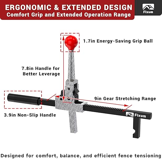 Chain Link Fence Stretcher Tool, Ratcheting Wire Fence Tightener & Puller for Barbed & Woven Wire Fence, 3″–12″ Tension Range, 5° Tilted Base & Hooked Groove, One-Hand Operation for Farm & Yard