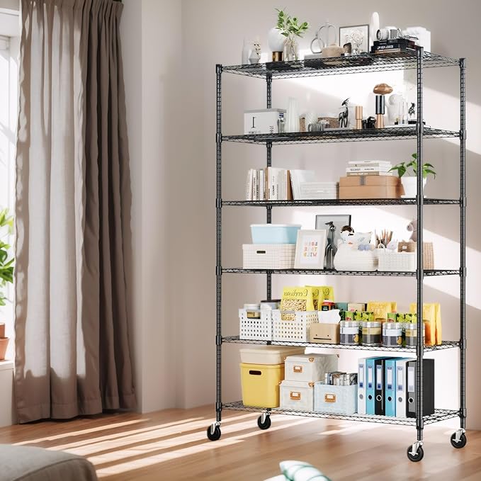 Himimi 82" H Storage Shelves 6 Tier Metal Shelving Adjustable Wire Shelf with Wheels, Heavy Duty Shelving for Garage Kitchen Pantry Bathroom Laundry,18" D*48" W*82" H, Black