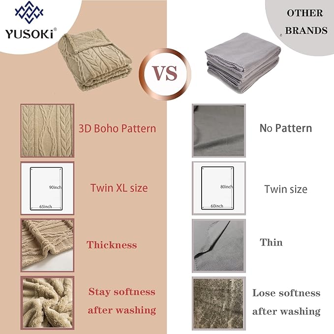 YUSOKI Sherpa Twin XL Blanket-3D Stylish Design Super Soft Fuzzy Cozy Warm Blanket Thick Plush Fluffy Furry Blankets for Teen Girls Women Couch Bed Sofa Chair Men Boys Gift(Tan,65"x90")
