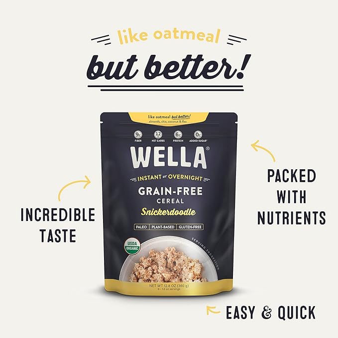 Wella Cereal Oatmeal Alternative, Gluten-Free Breakfast Hot Cereal, Grain-Free Paleo Organic Vegan High Protein Superfood, Plant-Based Non-GMO, Low in Net Carbs, Multi-Serve Bag, Snickerdoodle Flavor (1 Count, 12.8 oz. Bag)