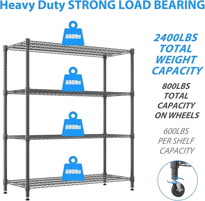 Homdox 60”W Storage Shelves, 4 Tier Heavy Duty Wire Shelving Unit with Wheels, 2400LBS Commercial Adjustable Metal Shelves for Storage, Garage Rack Pantry Shelves Kitchen Shelving, 24"x60"x72", Black