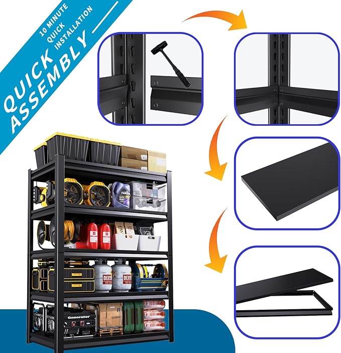 72''H/46''W Garage Shelving Heavy Duty 5-Tier Adjustable Storage Shelves Unit,3000 LBS Metal Utility Rack Shelf for Industries, Warehouses, Basement,Black (72'H x 46''W x 20''D)