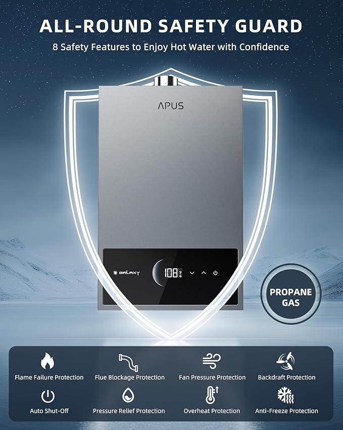 APUS Tankless Water Heater Propane Gas, Up to 4.42 GPM, Indoor Hot Water Heater, 95,000 BTU on Demand Instant Hot Water Heaters with Smart Digital Display, Space Gray