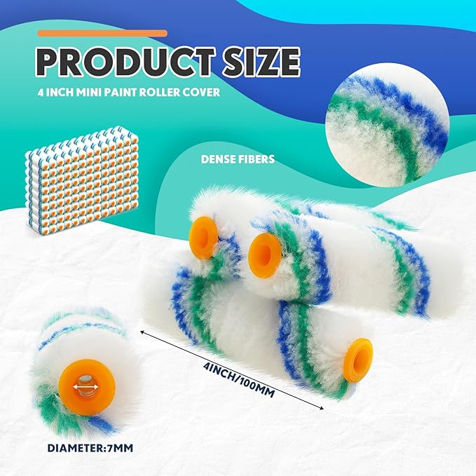 Nuogo 150 Pcs 4 Inch Mini Paint Roller Cover 1/2" Nap Small Microfiber Roller Covers Home Repair Tools House Household Supplies Kit(Blue, Green)