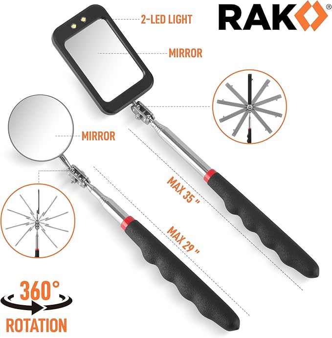 RAK Magnetic Pickup Tool Set Gifts for Men - 5Pcs with 360 Swivel Inspection Mirrors, Telescoping Magnet Pickup Tool, Flexible LED Flashlight, Mechanic Tools & Cool Gadgets for Men, Dad, Husband