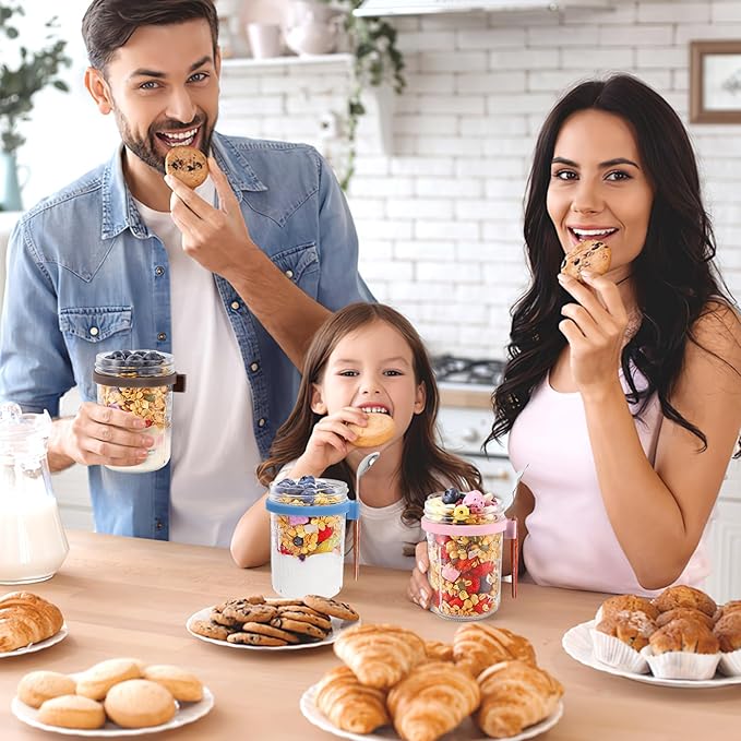 6 Pack Overnight Oats Containers with Lid and Spoons - 16oz Glass Mason Jars - Meal Prep Containers for Yogurt, Chia Pudding & Smoothies - Leakproof BPA-Free - Dishwasher