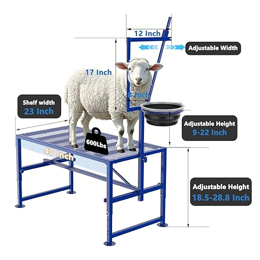 Goat Milking Stand with Feeder, Goat Stand for Trimming Hooves, with Adjustable Head Piece and Legs, Metal Blue Use for Livestock, Large Size 600 Lbs