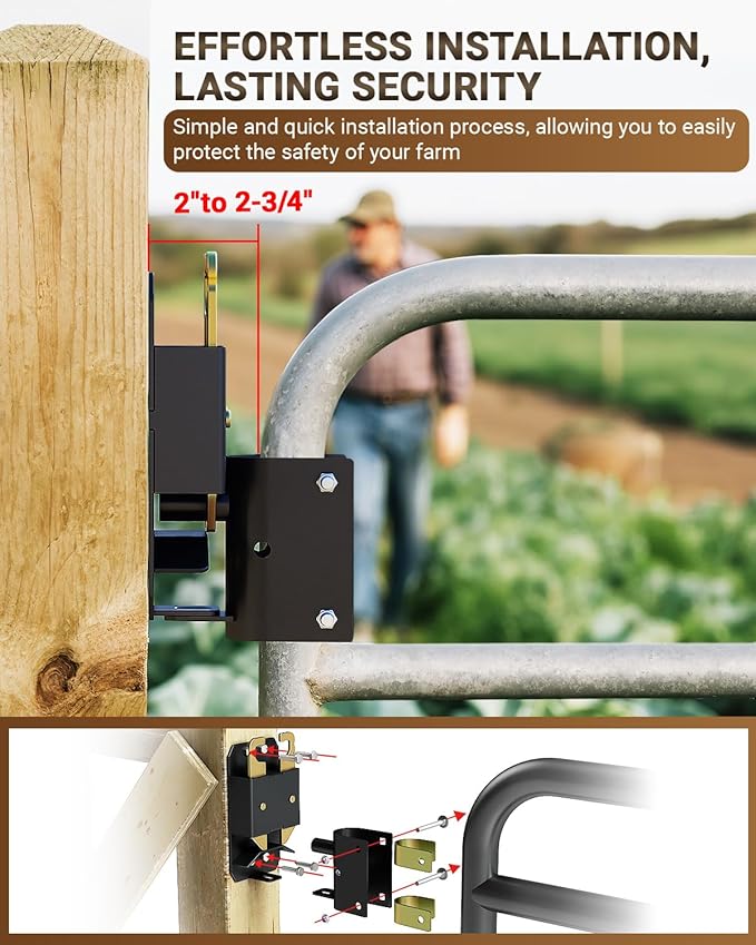 2 Way Farm Gate Latch, Heavy-Duty Fence Gate Latch with Self-Locking Nut, Black Livestock Gate Latch Compatible with Horse Corrals, Farms, Pastures, Stables, Ranches