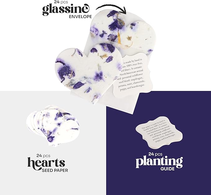 Wildflower Seed Paper - Set of 24 Purple Heart-Shaped with Envelopes and Planting Instruction, Writable & Plantable Gift for Mom and Plant Lovers, Ideal for Wedding, Memorials, Baby Showers