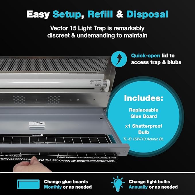 Catchmaster Vector 15, UV Light Fly Traps Indoor for Home, Electric Gnat Traps for House Indoor, Shatterproof Bulbs UV Lamp Fly, Insect & Mosquito Killer, Silent Bug Light for Kitchen, Shed, Garage